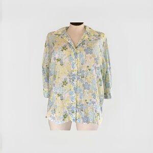 Eddie Bauer 100% Cotton Floral V-Neck Button Up 3/4 Sleeve Blouse Women’s XXL